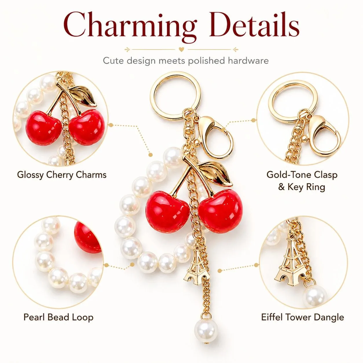 Cherry Bag Charm Keychain with Faux Pearl Loop and Gold-Tone Clips sold by Anna-Kaci product image thumbnail 4