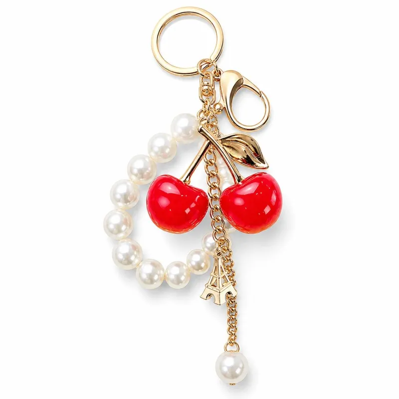 Cherry Bag Charm Keychain with Faux Pearl Loop and Gold-Tone Clips made by Anna-Kaci