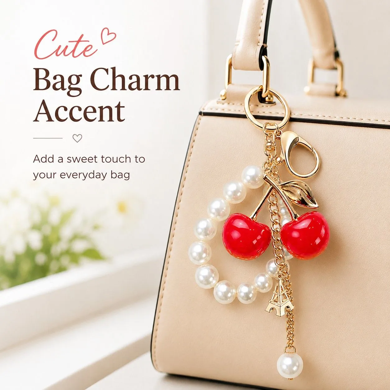 Cherry Bag Charm Keychain with Faux Pearl Loop and Gold-Tone Clips sold by Anna-Kaci product image thumbnail 2