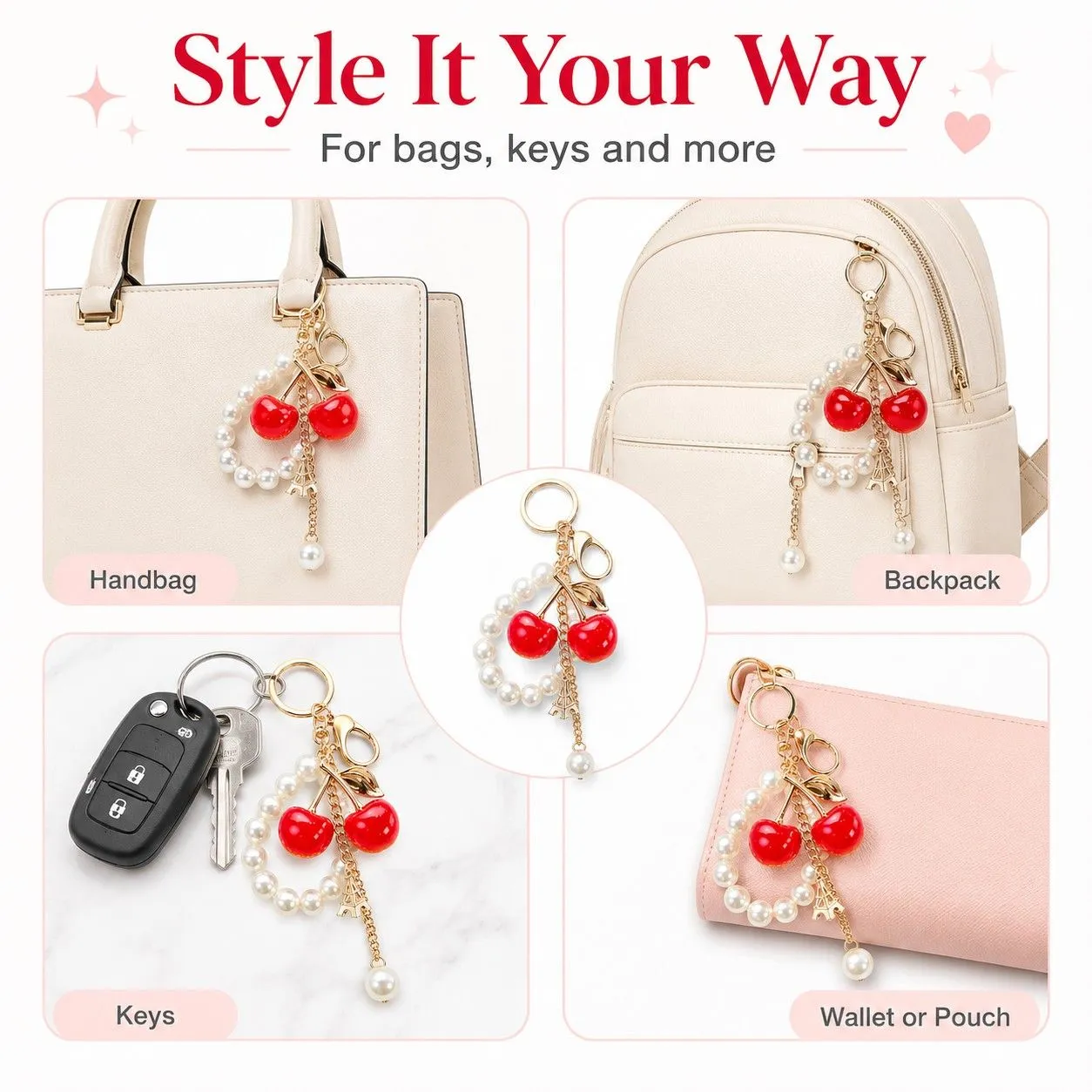 Cherry Bag Charm Keychain with Faux Pearl Loop and Gold-Tone Clips sold by Anna-Kaci product image thumbnail 3