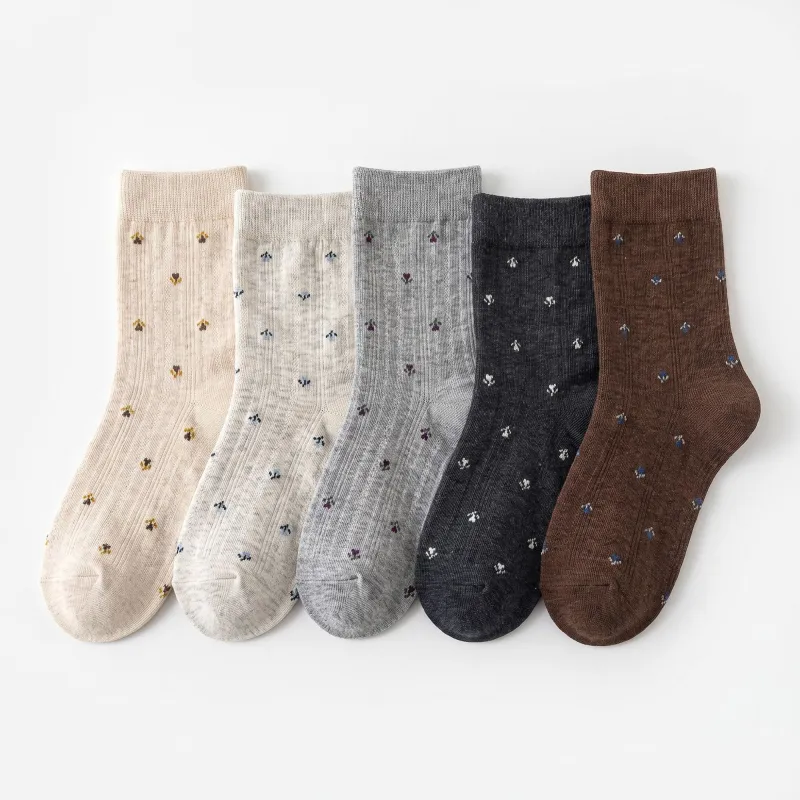 5-Pair Vintage Floral Crew Socks Set, Ribbed Knit Earth Tone Casual Hosiery made by Anna-Kaci