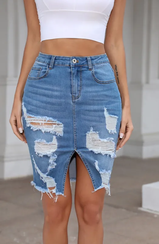 Distressed Denim Front Slit Skirt sold by Anna-Kaci