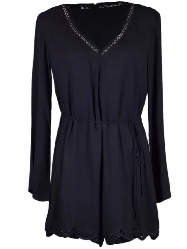 Lush Simply Sophisticated Long Sleeves V-Neck Embroidered Scallop Hem Romper sold by Anna-Kaci