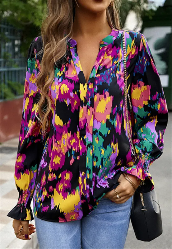 Multicolor Abstract Print Long Sleeve Blouse sold by Anna-Kaci