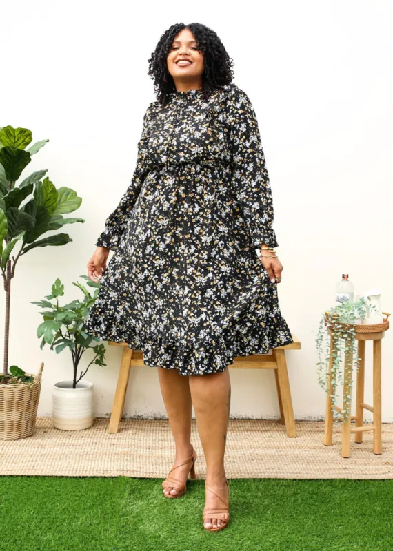 Plus Size High Neck Ruffle Cuffs Floral Print Black Midi Dress sold by Anna-Kaci