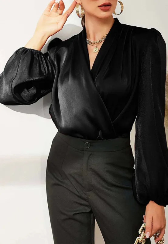 Surplice Neck Bishop Sleeve Classic Blouse sold by Anna-Kaci