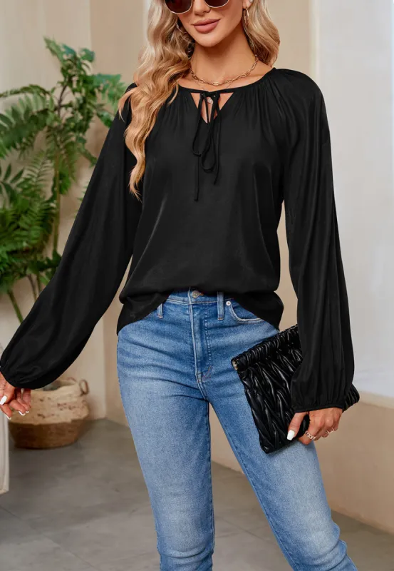 Solid Tie Neck Bishop Sleeve Blouse made by Anna-Kaci