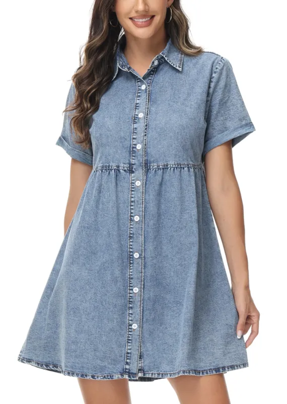 Anna-Kaci Women's Casual Short Sleeve High Waist Button Down Tiered Denim Shirt Dress sold by Anna-Kaci