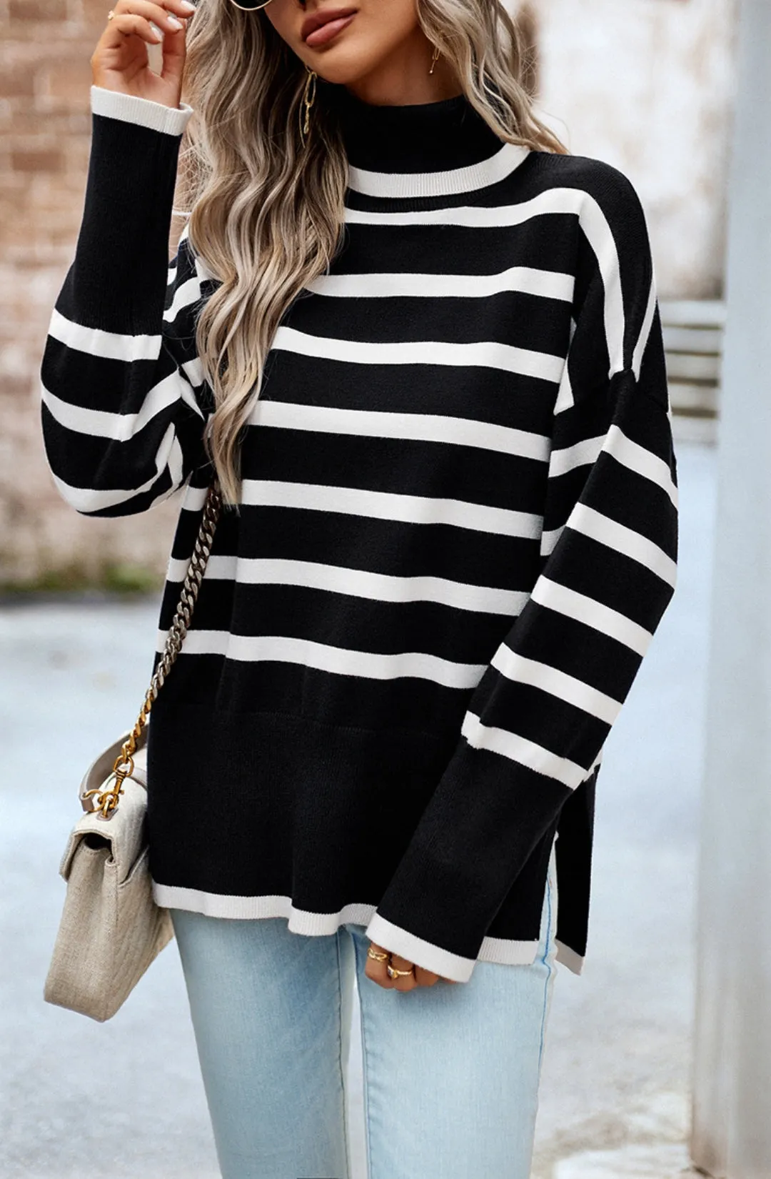 Turtleneck Striped Pattern Slit Sweater sold by Anna-Kaci product image thumbnail 3