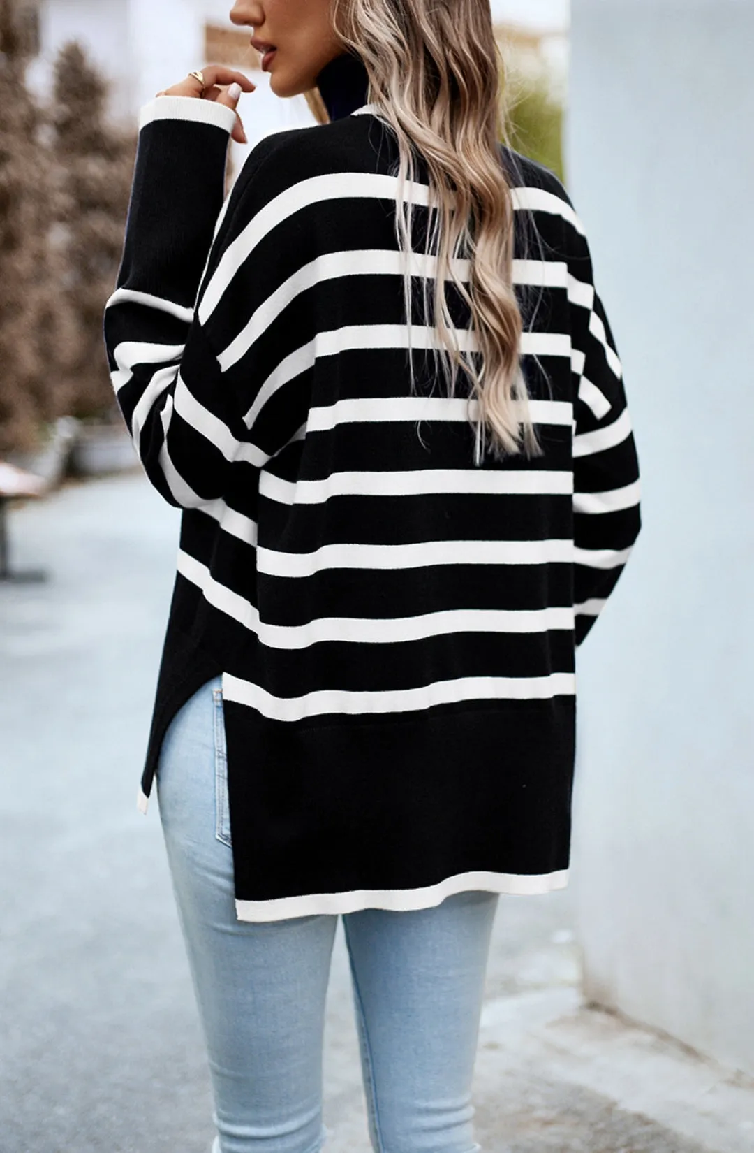Turtleneck Striped Pattern Slit Sweater sold by Anna-Kaci product image thumbnail 4