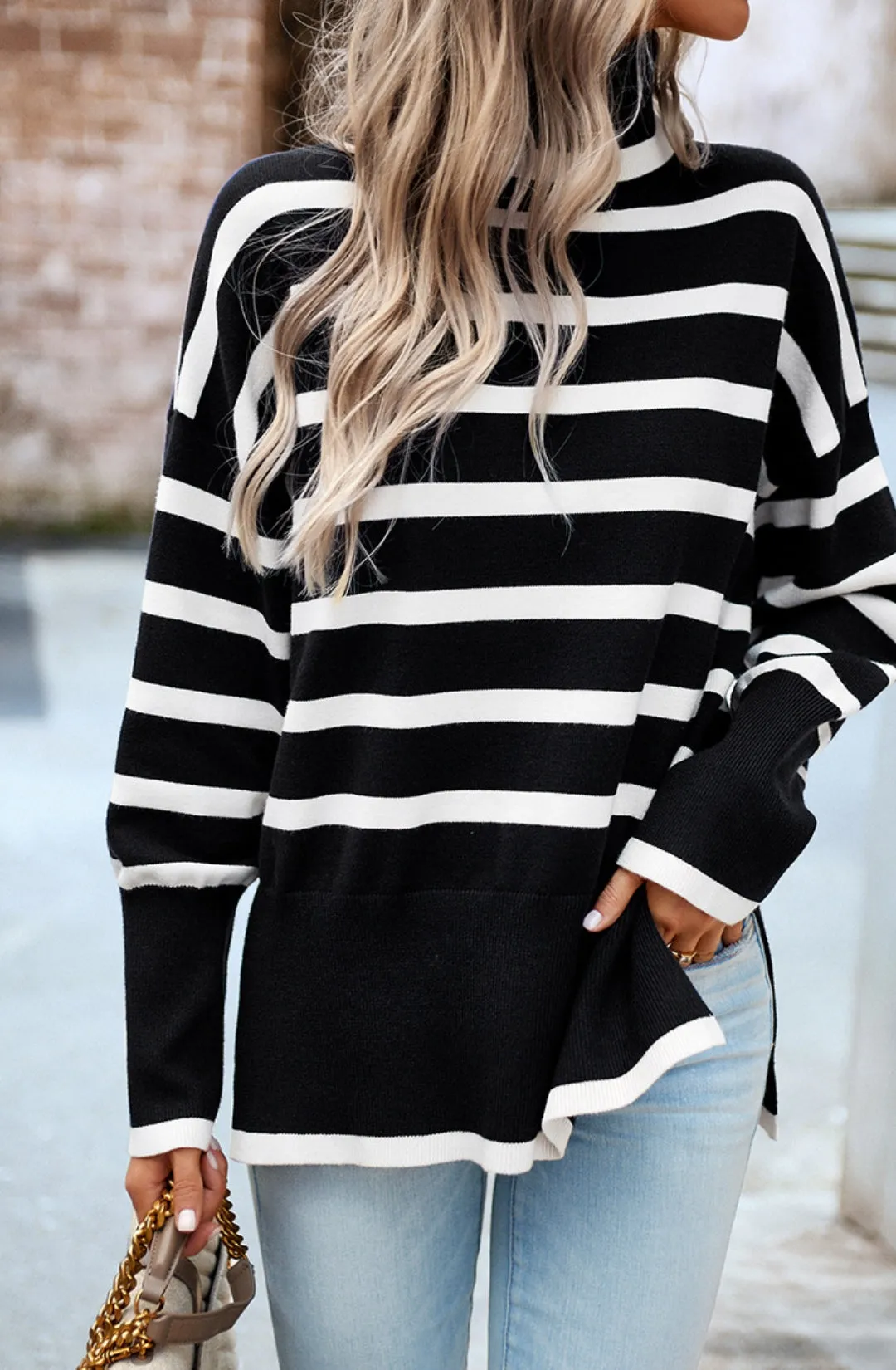 Turtleneck Striped Pattern Slit Sweater sold by Anna-Kaci