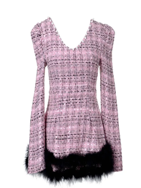 S/M Fit Pink Tweed Ice Skater Style Puff Shoulder Marabou Trim Dress sold by Anna-Kaci