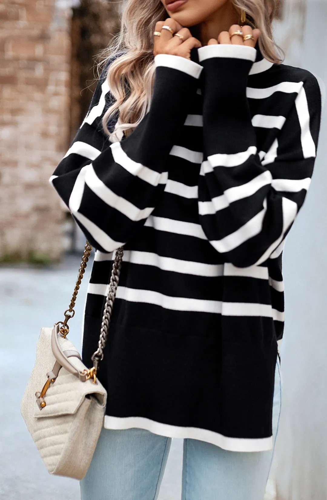 Turtleneck Striped Pattern Slit Sweater sold by Anna-Kaci product image thumbnail 5