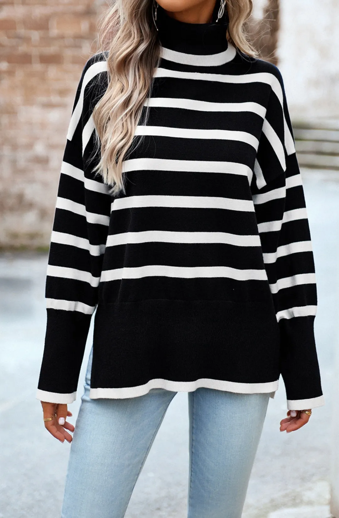 Turtleneck Striped Pattern Slit Sweater sold by Anna-Kaci product image thumbnail 2