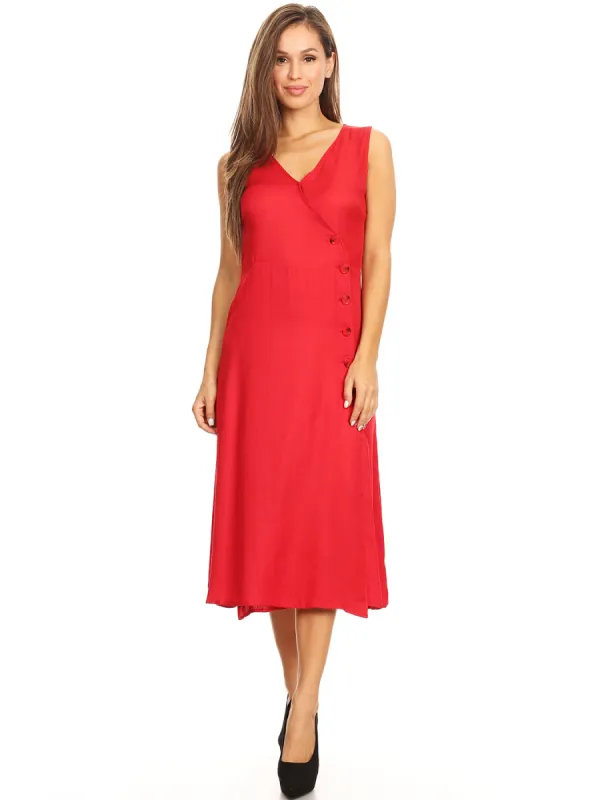 V-Neck Button Sleeveless Midi Swing Dress sold by Anna-Kaci