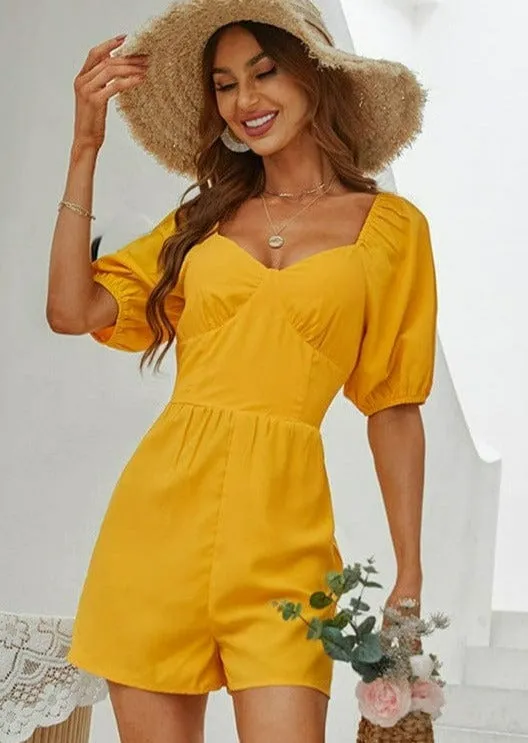 Sunrise Yellow Puffed Sleeve Romper sold by Anna-Kaci