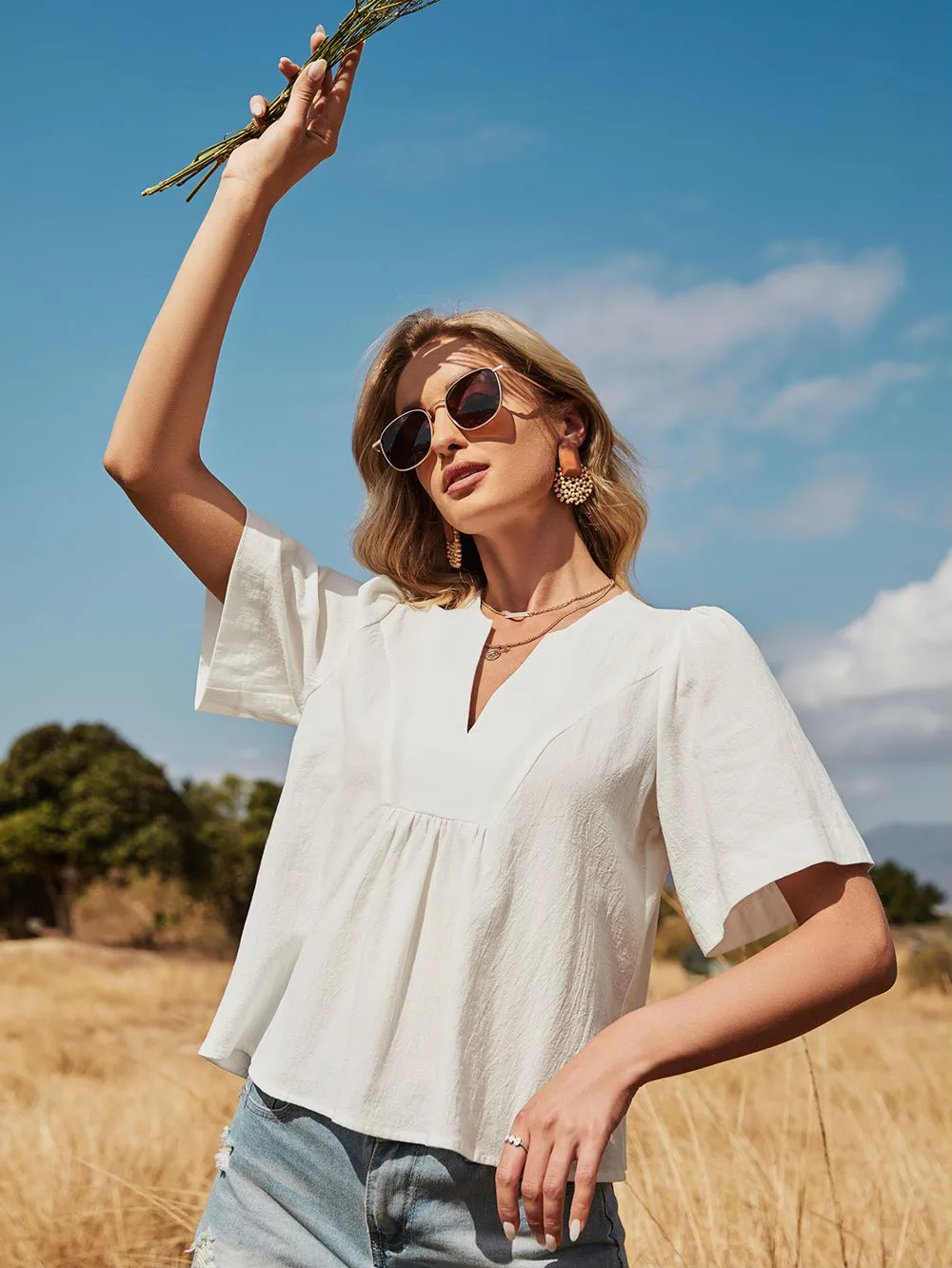 Puffed Sleeve V-Neck Blouse sold by Anna-Kaci product image thumbnail 2