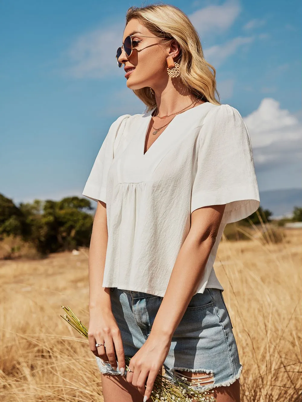 Puffed Sleeve V-Neck Blouse sold by Anna-Kaci product image thumbnail 3