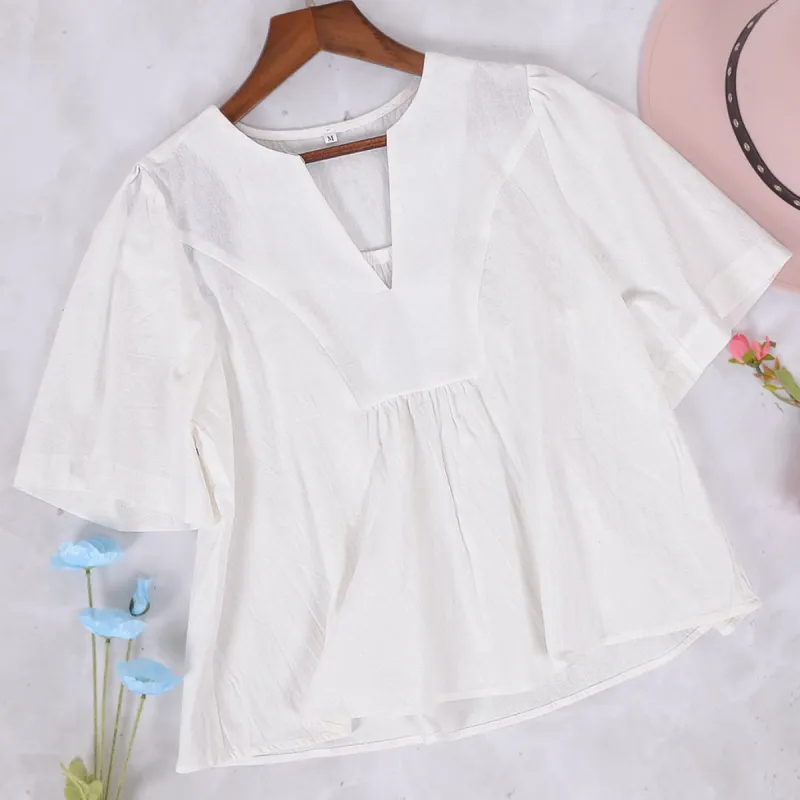 Puffed Sleeve V-Neck Blouse sold by Anna-Kaci