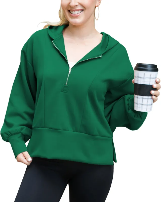 Half Zip Pullover Hoodie with Side Slit sold by Anna-Kaci