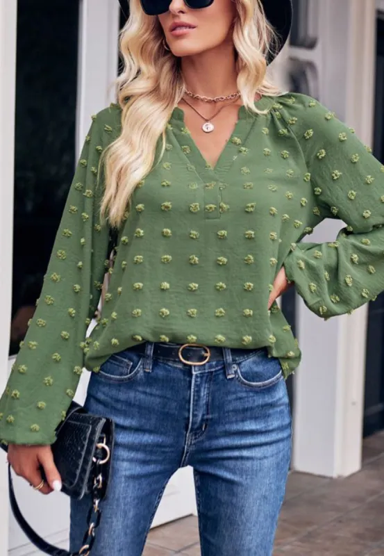 Split V Neck Swiss Dot Blouse sold by Anna-Kaci