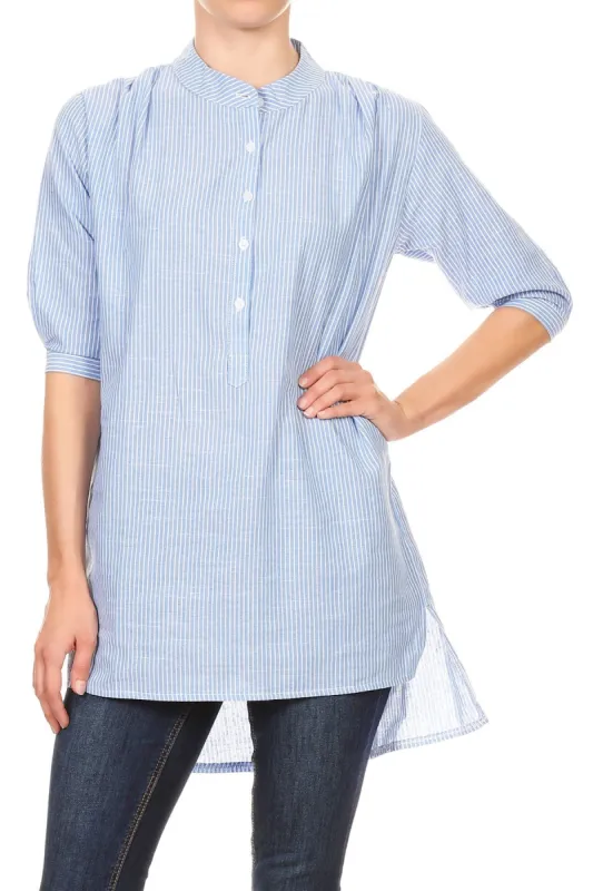 Womens Casual Woven Chambray Half Button up Long Stripe Shirt sold by Anna-Kaci