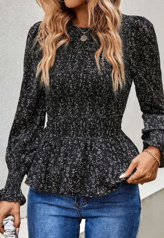 Printed Shirred Peplum Style Top sold by Anna-Kaci