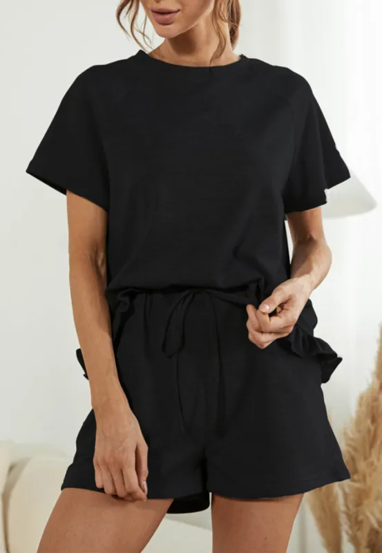 Ruffle Hem Shirt and Shorts Lounge Set sold by Anna-Kaci