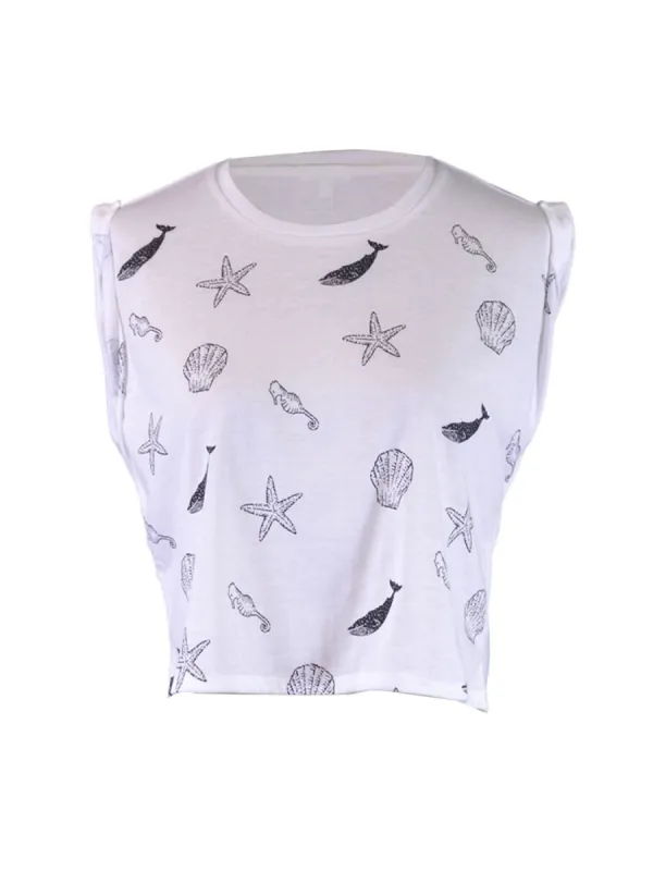 En Creme Aquatic Collection Black and White Print Muscle Shirt Cropped Tee sold by Anna-Kaci