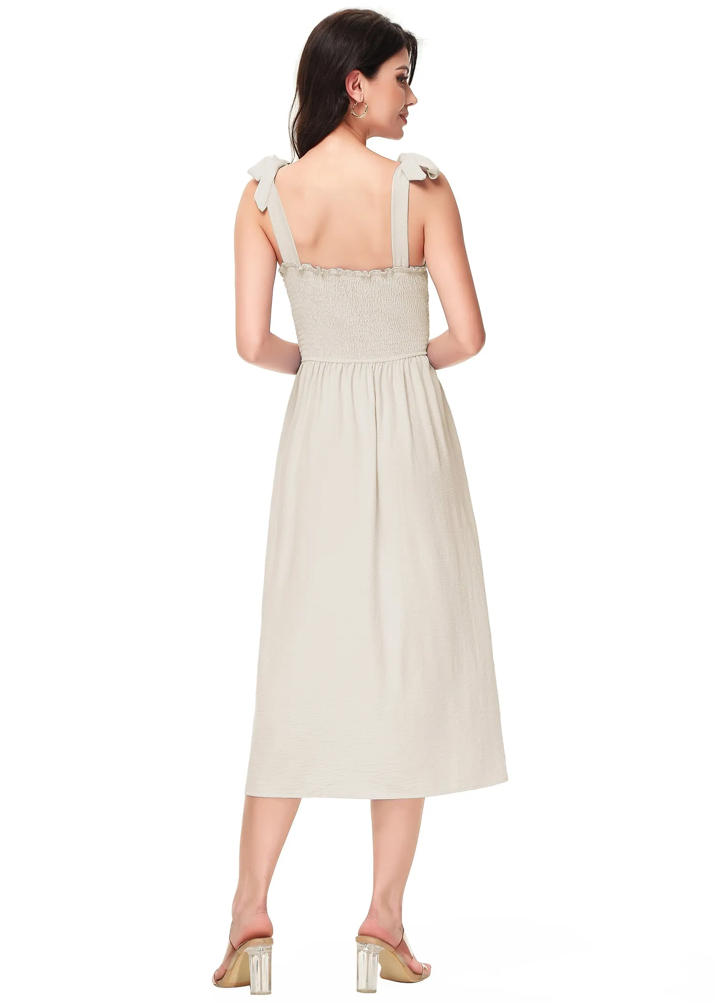 Anna-Kaci Women's Boho Summer Sleeveless Tie Straps Square Neck Smocked Split Midi Dress with Pockets sold by Anna-Kaci product image thumbnail 5