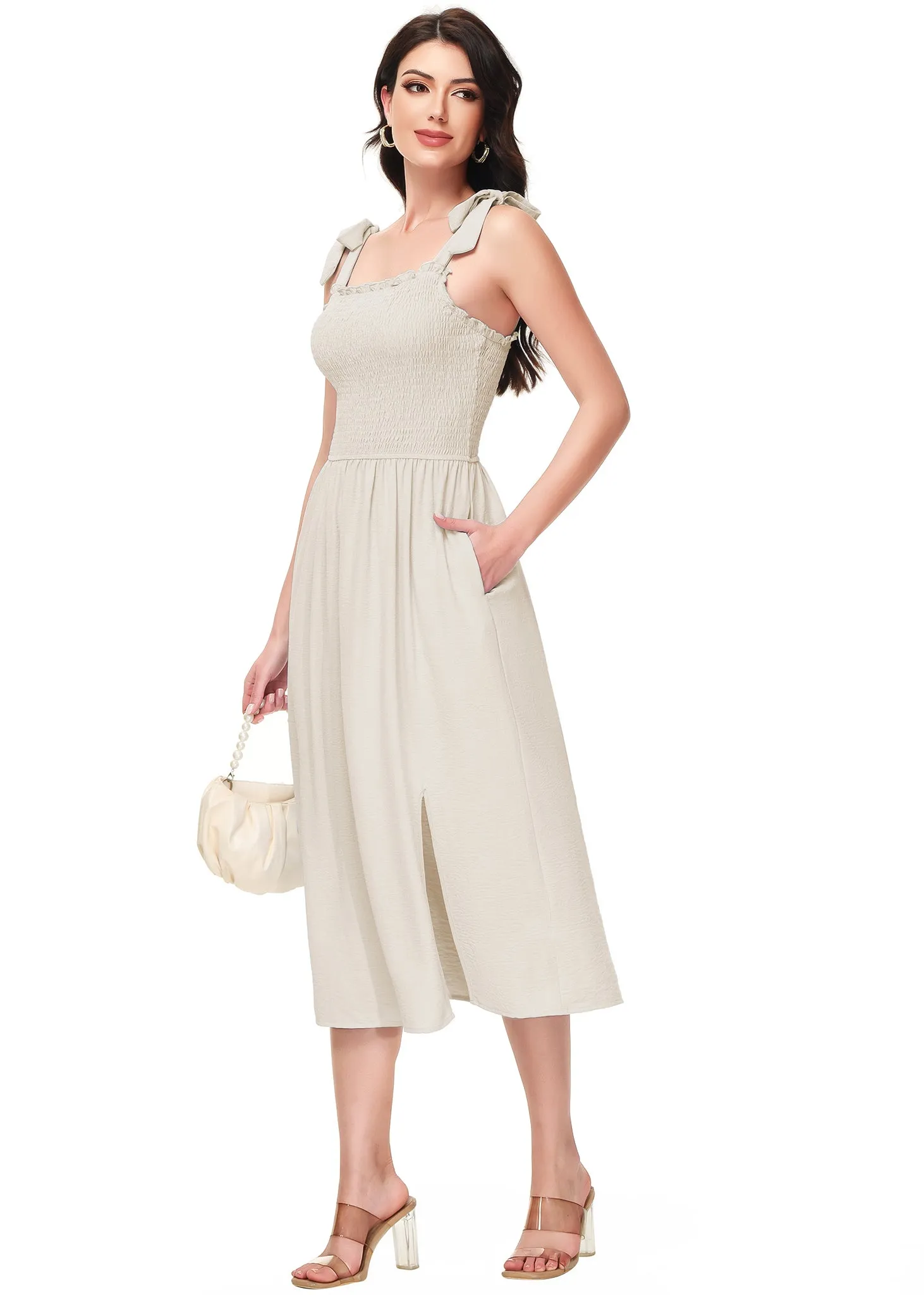 Anna-Kaci Women's Boho Summer Sleeveless Tie Straps Square Neck Smocked Split Midi Dress with Pockets sold by Anna-Kaci product image thumbnail 2