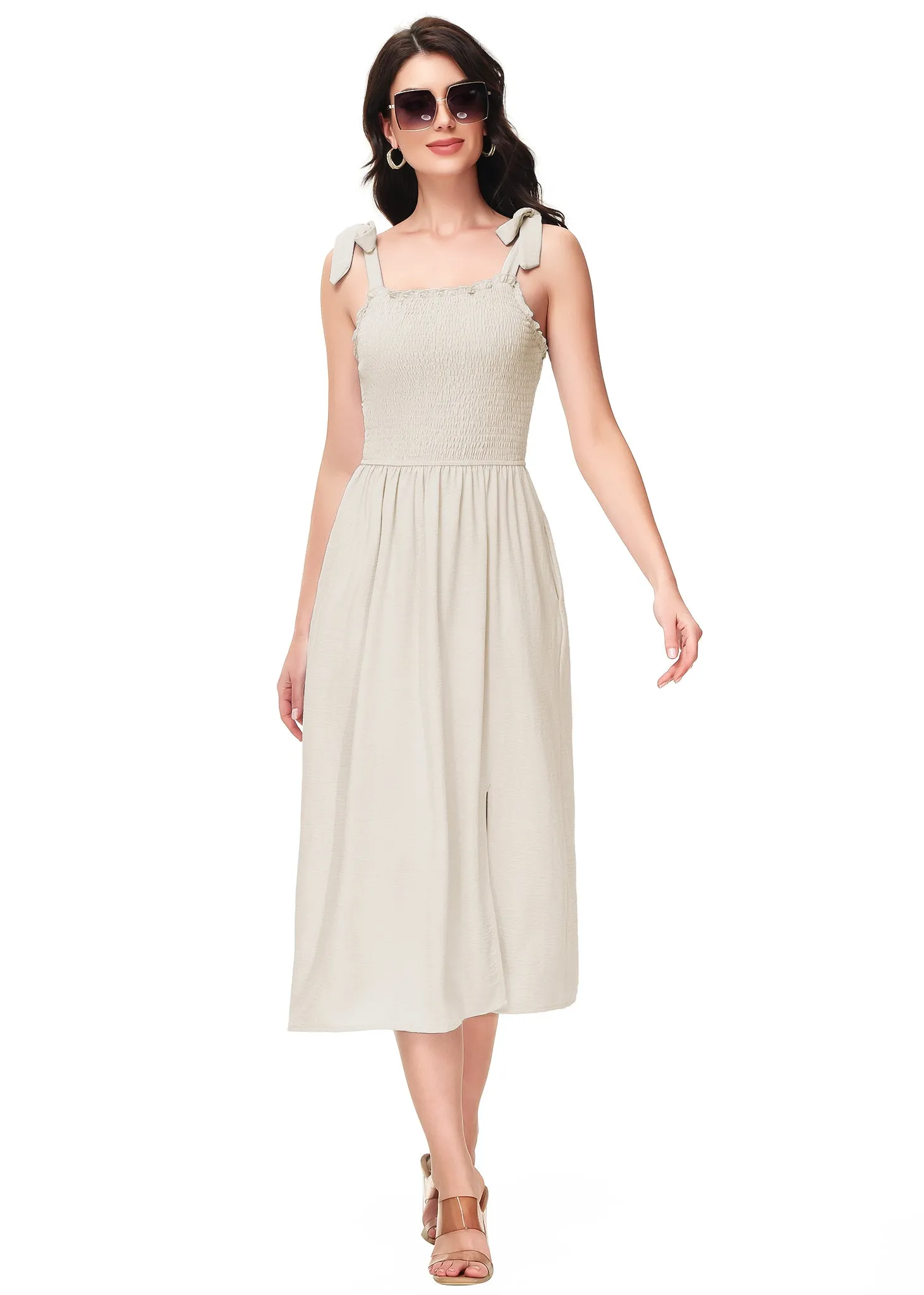 Anna-Kaci Women's Boho Summer Sleeveless Tie Straps Square Neck Smocked Split Midi Dress with Pockets sold by Anna-Kaci product image thumbnail 4