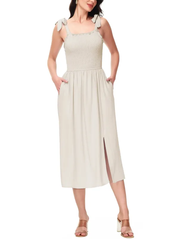 Anna-Kaci Women's Boho Summer Sleeveless Tie Straps Square Neck Smocked Split Midi Dress with Pockets sold by Anna-Kaci