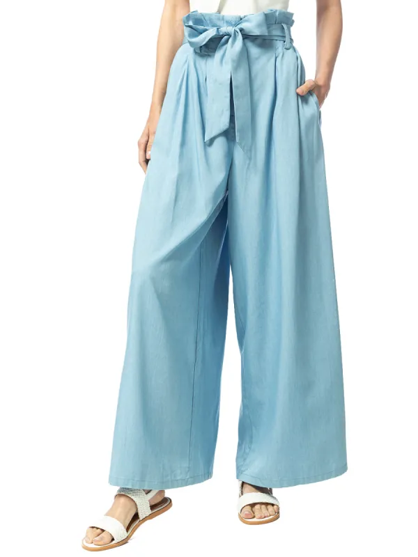 Chambray Tie Wide-Leg Palazzo Jeans sold by Anna-Kaci
