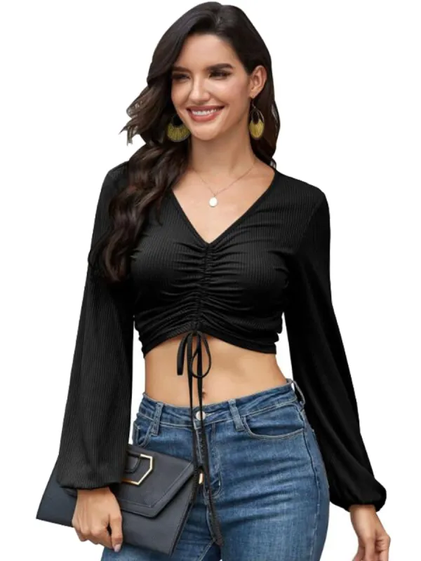 Casual Long Sleeve V Neck Ribbed Ruched Front Tie Crop Top Blouse sold by Anna-Kaci