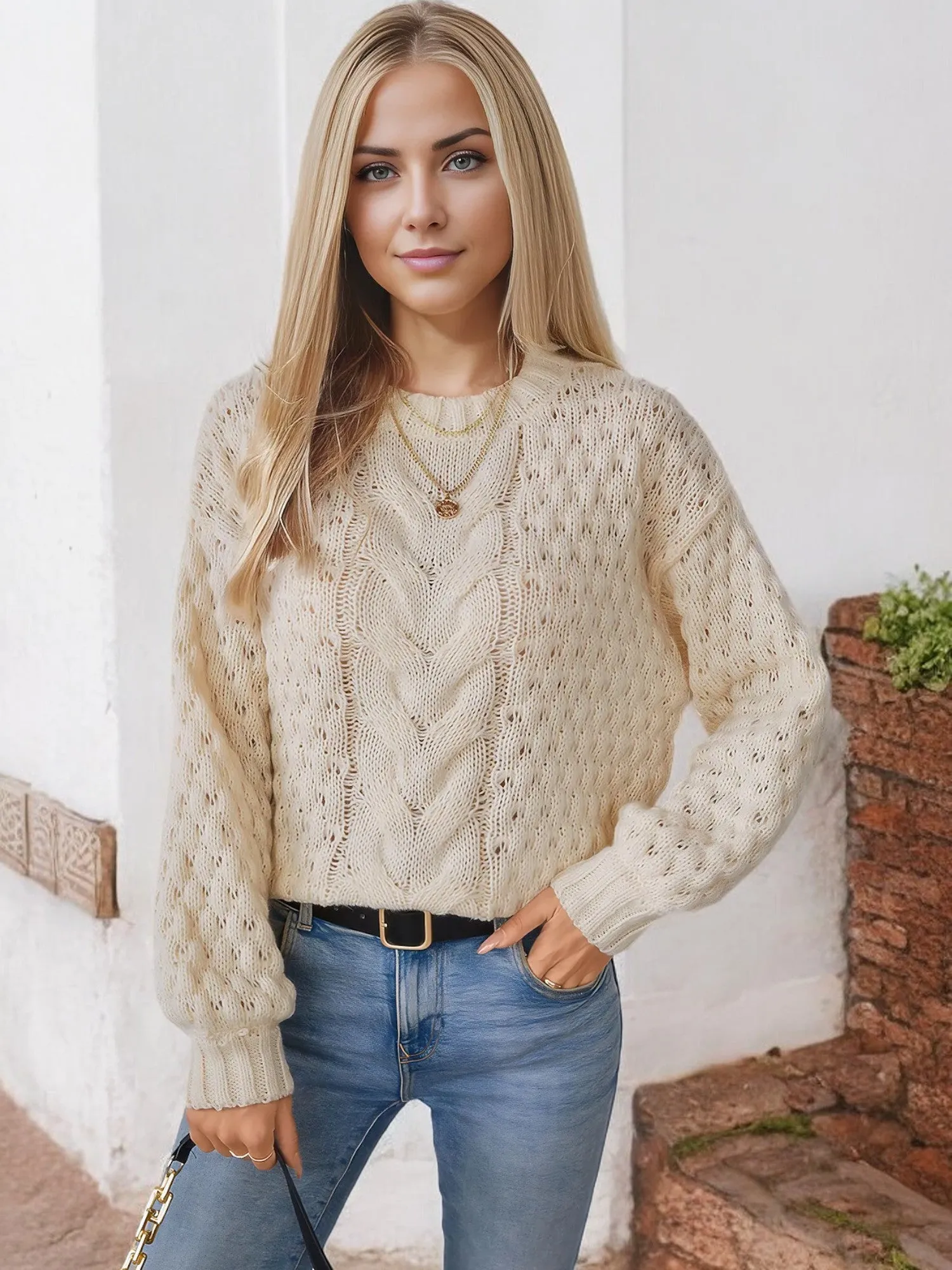 Anna-Kaci Women's Loose Knit Sweater with Cable Knit Design and Ribbed Cuffs sold by Anna-Kaci