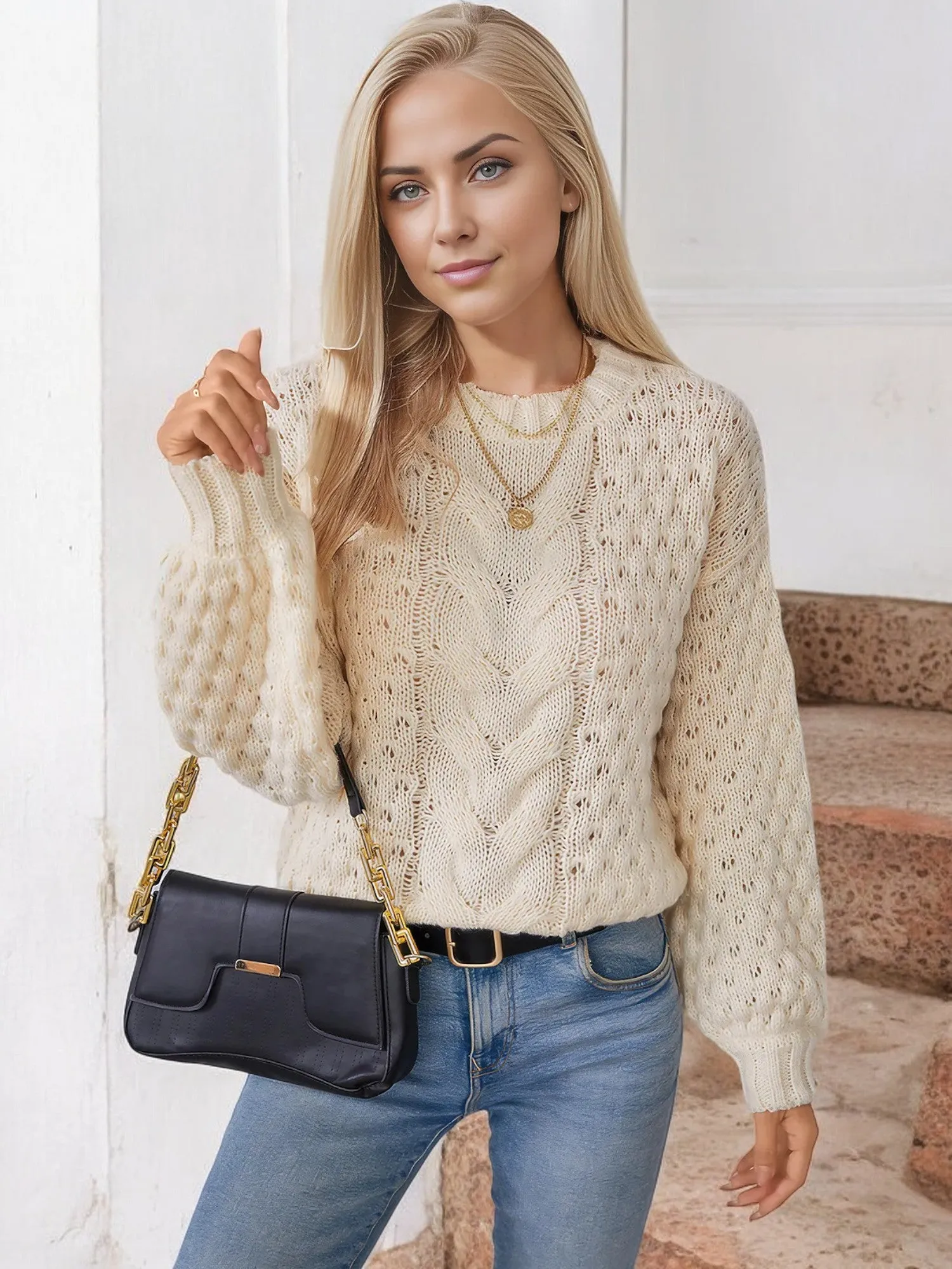 Anna-Kaci Women's Loose Knit Sweater with Cable Knit Design and Ribbed Cuffs sold by Anna-Kaci product image thumbnail 5