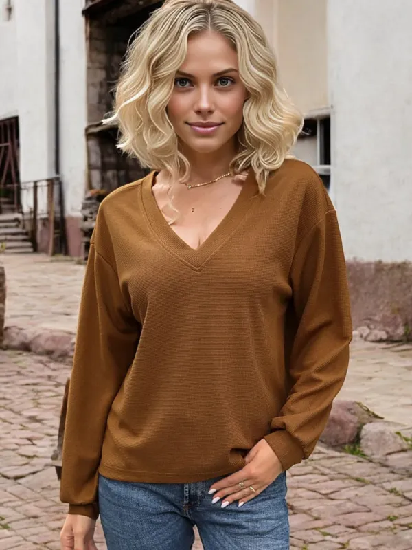 Anna-Kaci Women's V-Neck Long Sleeve Knit Top with Relaxed Fit sold by Anna-Kaci