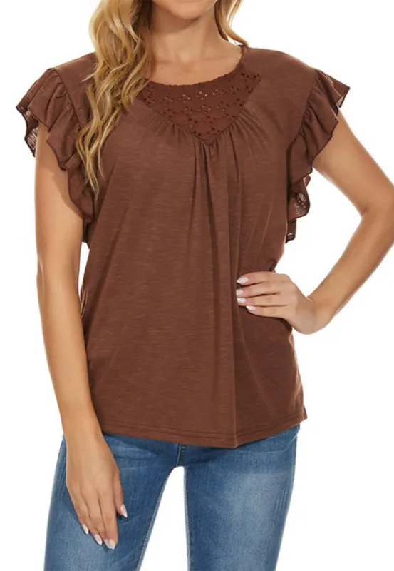 Crochet Patterned Round Neck Ruffle Sleeve Blouse sold by Anna-Kaci