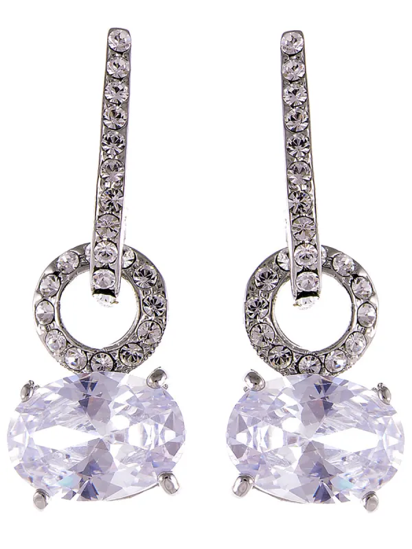 Silver Big Round Circle Oval Diamond Dangle Drop Earrings sold by Anna-Kaci