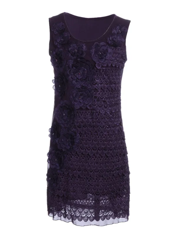 Womens Purple Floral Flower Peacock Scalloped Sleeveless Dress sold by Anna-Kaci