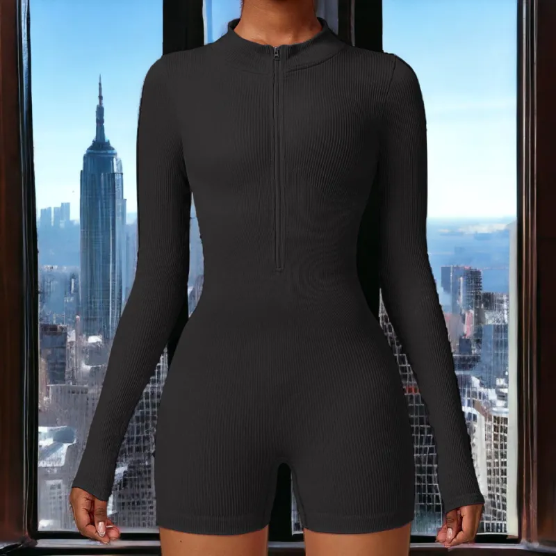 Zip-Up Ribbed Knit Unitard Romper sold by Anna-Kaci