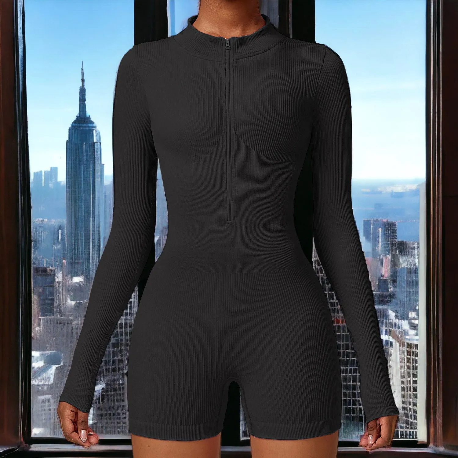 Zip-Up Ribbed Knit Unitard Romper sold by Anna-Kaci