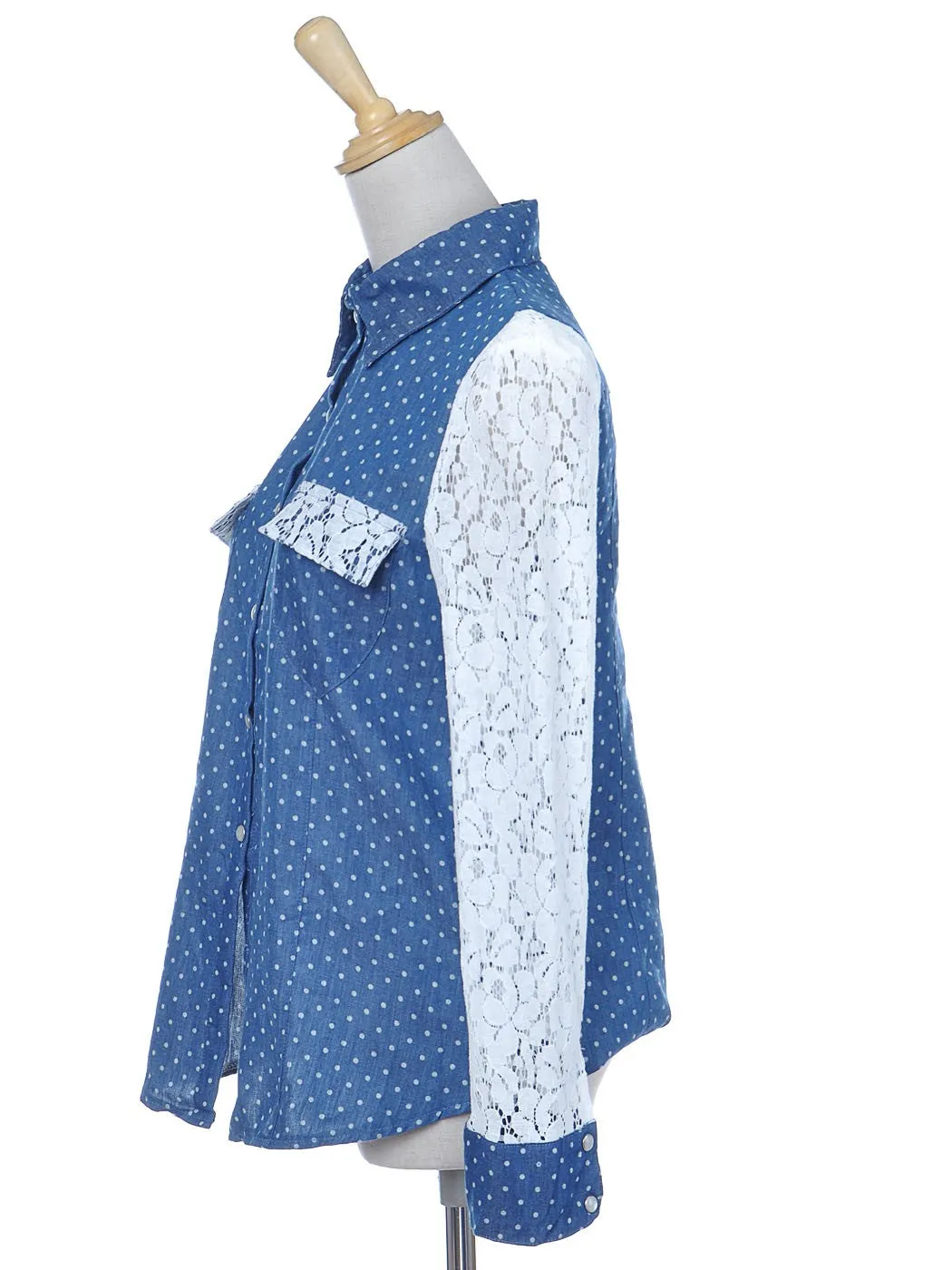 Womens Blue Denim Chambray Polka Dot Floral Long Sleeve Button Up Top sold by Anna-Kaci product image thumbnail 3