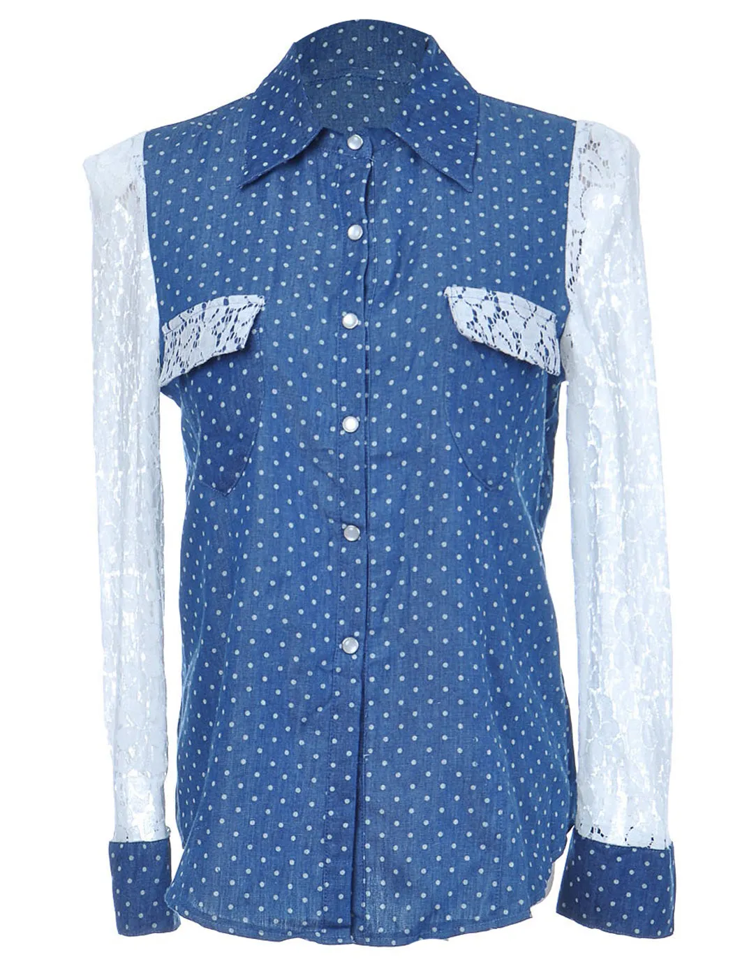 Womens Blue Denim Chambray Polka Dot Floral Long Sleeve Button Up Top sold by Anna-Kaci