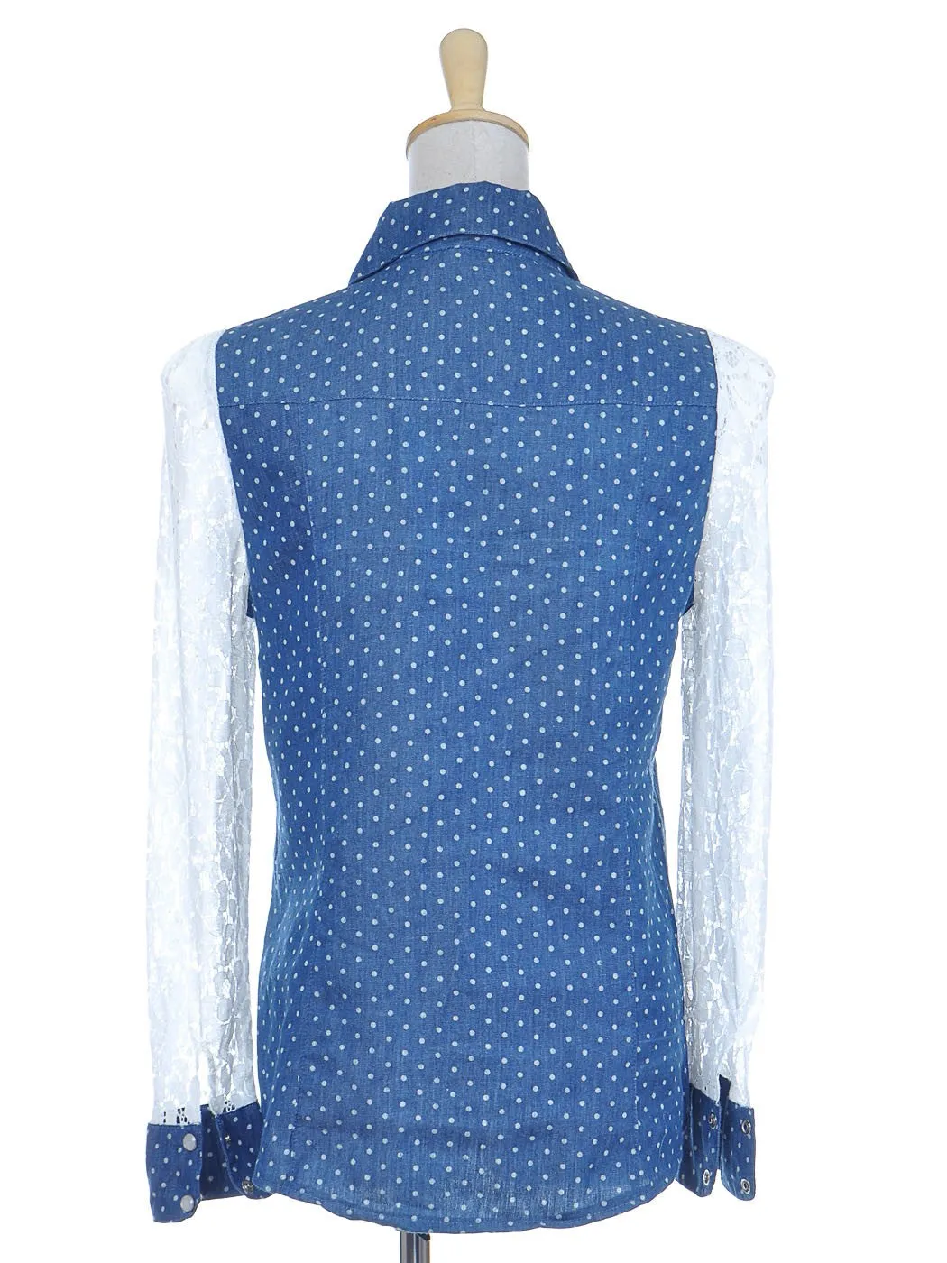 Womens Blue Denim Chambray Polka Dot Floral Long Sleeve Button Up Top sold by Anna-Kaci product image thumbnail 2