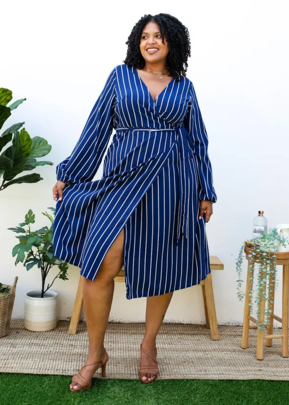 Plus Size White Vertical Stripe V Neck Midi Dress sold by Anna-Kaci