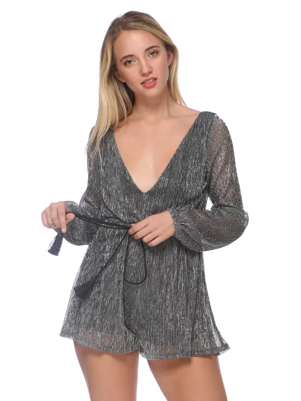 Plunge Metallic Long Sleeve Romper sold by Anna-Kaci