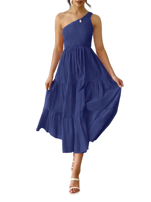 Anna-Kaci Women Boho Summer One Shoulder Sleeveless Smocked Flowy Tiered Beach Party Maxi Dress sold by Anna-Kaci