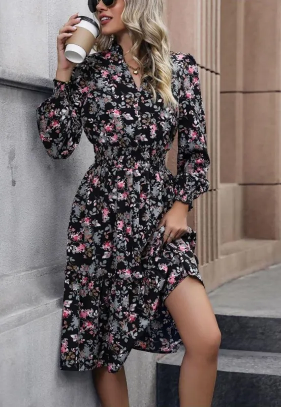 Notched V-Neck Button Detail Puffed Sleeve Ruffle Midi Dress sold by Anna-Kaci